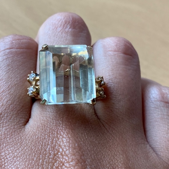 VINTAGE 14K YELLOW GLD HUGE EMERALD STEP CUT LEMON CITRINE QUARTZ RING STATEMENT - Picture 4 of 16